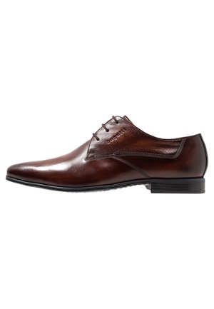 Brown leather dress shoe with a smooth surface and a textured accent on the upper. Features lace-up closure and a rounded toe shape.