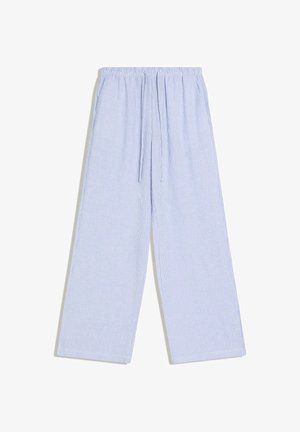 Volné kalhoty světle modré a bílé svislé pruhy, s elastickým pasem a předním šňůrkováním, zobrazené na plocho.