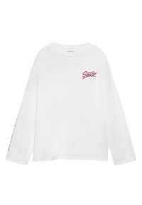 Maglietta a maniche lunghe bianca in cotone, con logo borgogna sul petto e testo borgogna lungo la manica sinistra. Vestibilità ampia.