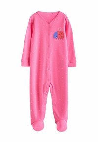 Roze baby rompertje met witte stippen, lange mouwen, drukknoopsluitingen en voetjes. Heeft een lieveheersbeestje patch op de borst.
