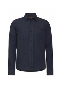 Skjorta med knappar i marinblå bomullstyg, med krage, två bröstfickor och en standard passform med långa ärmar.