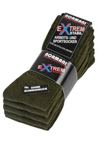 Grüne Baumwoll-Arbeits- und Sportsocken, gestapelt mit einem schwarzen Etikett. Das Etikett besagt "Extrem Stabil" und "Ohne Gummidruck" für Komfort.