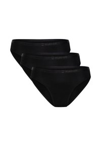 Culotte de bikini en coton noir, trois pièces avec une texture lisse, ouvertures de jambe hautes et une taille avec logo embossé.