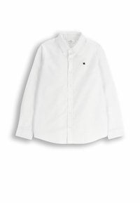 Biała koszula z długim rękawem wykonana z bawełny, z zapięciem na guziki z przodu, klasycznym kołnierzykiem i małym granatowym logo po lewej stronie klatki piersiowej.