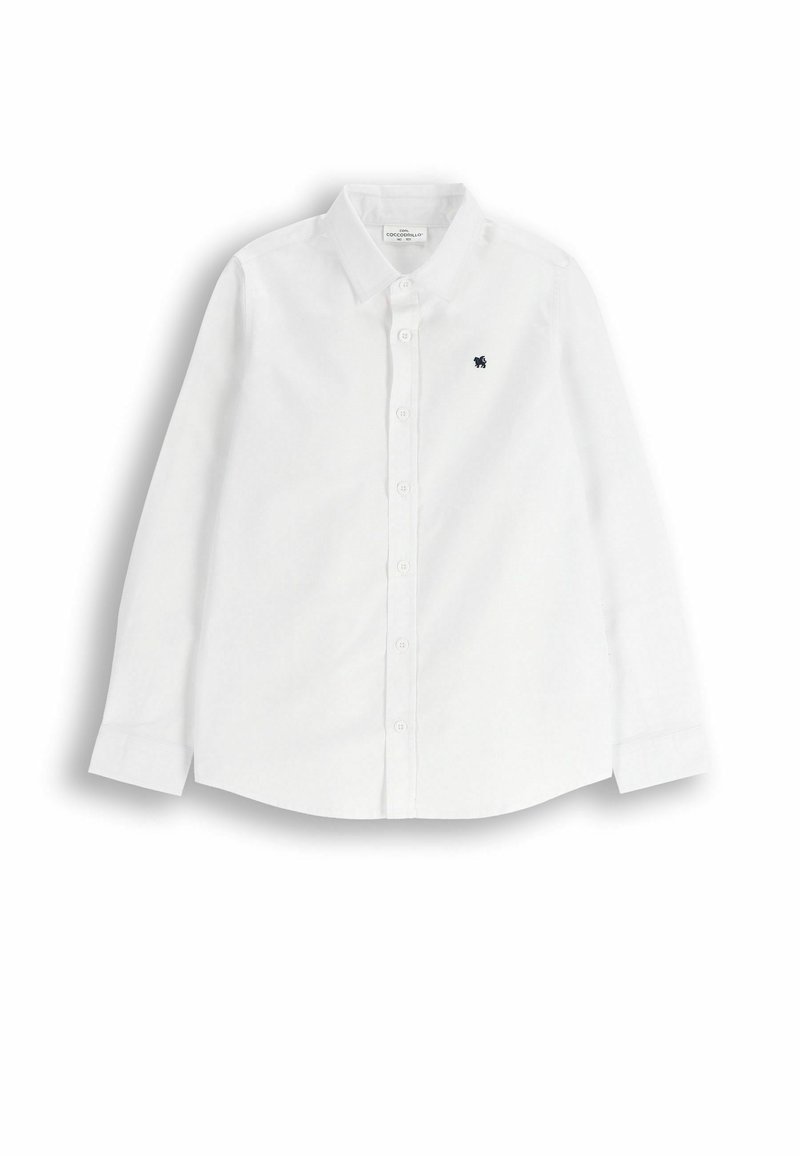 Biała koszula z długim rękawem wykonana z bawełny, z zapięciem na guziki z przodu, klasycznym kołnierzykiem i małym granatowym logo po lewej stronie klatki piersiowej.