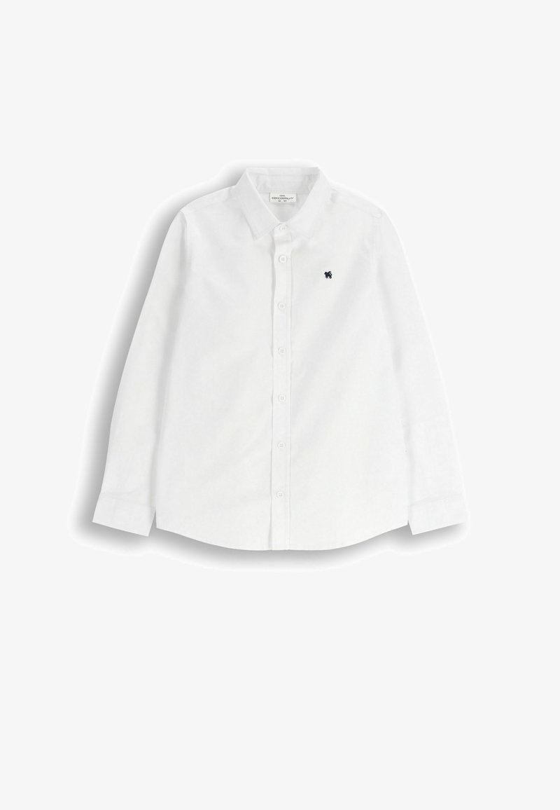 Biała koszula z długim rękawem wykonana z bawełny, z zapięciem na guziki z przodu, klasycznym kołnierzykiem i małym granatowym logo po lewej stronie klatki piersiowej.