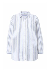 Camicia a righe bianca e blu, maniche lunghe, design con bottoni, colletto, con tasca frontale e vestibilità relax. Materiale in cotone.