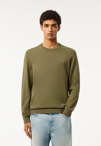 Maglione verde oliva a maniche lunghe in cotone con collo a girocollo e polsini a costine. Presenta un piccolo logo sul petto. Indossato con jeans azzurri chiari.