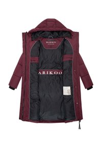 Maroon hooded winter coat opened to show black interior lining, zipper, and MARIKOO brand label inside the collar area.