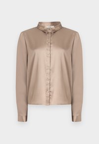 Blusa in satin a manica lunga di colore beige chiaro con davanti a bottoni, colletto a punta e texture liscia. Caratterizzata da una vestibilità comoda e maniche a polsino.
