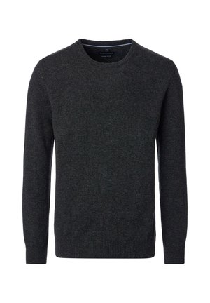 Dunkelgrauer Pullover mit Rundhalsausschnitt, langen Ärmeln, gerippten Bündchen und Saum, aus einem weichen, strukturierten Stoff gefertigt und mit minimalistischem Design.