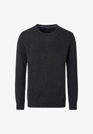 Dunkelgrauer Pullover mit Rundhalsausschnitt, langen Ärmeln, gerippten Bündchen und Saum, aus einem weichen, strukturierten Stoff gefertigt und mit minimalistischem Design.