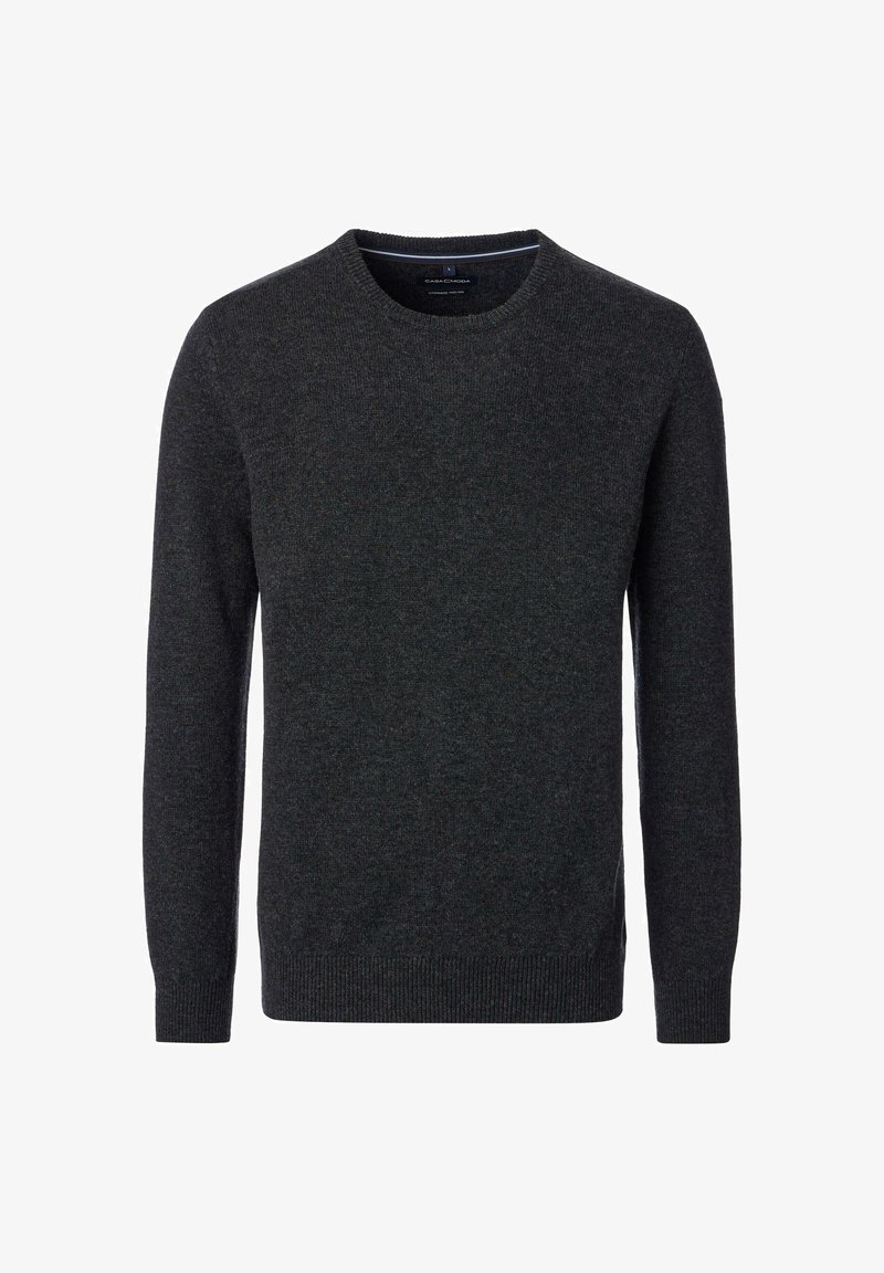 Dark gray sweater with a crew neck, long sleeves, ribbed cuffs and hem, made from a soft, textured fabric, featuring minimal design.