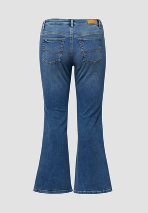 Wycierane niebieskie dzwony dżinsowe z średnim stanem, dwiema tylnymi kieszeniami, kontrastowym przeszyciem oraz małą skórzaną naszywką na pasku w talii.