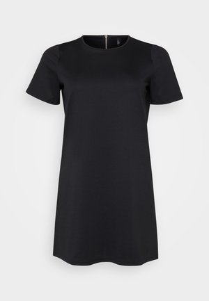 Black short-sleeve dress with a round neckline and a zip fastening at the back. Made from a smooth, stretchy fabric for comfort.
