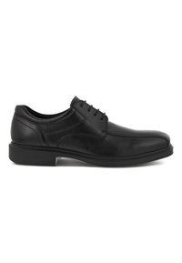 Chaussure habillée en cuir noir avec une finition lisse, un bout arrondi, un design à lacets et une semelle en caoutchouc basse pour le confort et la stabilité.