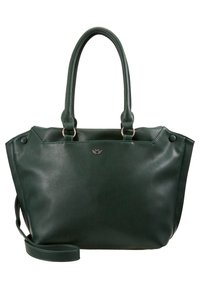 Ciemnozielona skórzana torba typu tote z dwiema rączkami, odpinanym paskiem na ramię oraz małym srebrnym emblematem na środku przodu.