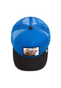 Blau und schwarze Kappe mit Netzrücken, ausgestattet mit einem Frontpatch eines Bären und dem Text "BEAST." Entworfen mit einem gebogenen Schirm und verstellbarem Riemen.