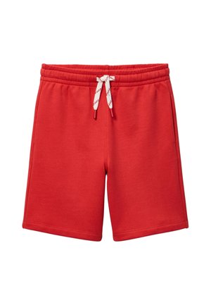 Shorts en coton rouge avec taille élastique et cordon blanc avec détails en texte rouge, poches avant et ourlet cousu.