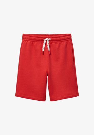 Shorts en coton rouge avec taille élastique et cordon blanc avec détails en texte rouge, poches avant et ourlet cousu.