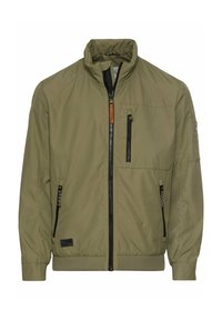 Olivgrüne Bomberjacke aus glattem, leichtem Stoff, mit mehreren Reißverschlusstaschen und Stehkragen. Verstellbare Bündchen.
