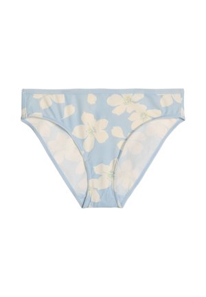 Light blue bikini bottoms with large white floral print and a smooth, fitted design on a white background.