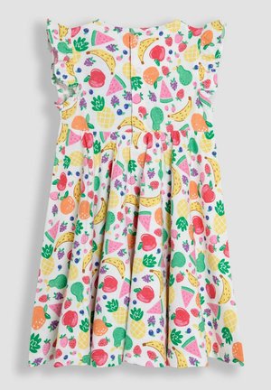 Witte katoenen jurk met kleurrijke fruitpatronen, met korte gerimpelde mouwen en een uitlopende rok. Knoopsluiting op de rug.