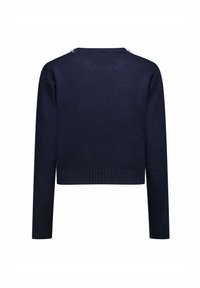 Pull court bleu marine en tricot. Doté de manches longues et d'un ourlet côtelé. Détail remarquable : petites accents décoratifs au niveau du col.