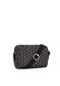 Borsa a tracolla rettangolare in tessuto verde scuro con motivo geometrico ripetuto in rosa e beige. Presenta una tracolla marrone e accessori in argento.