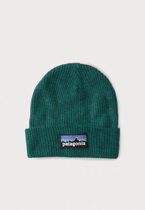 Grøn strikket hue med foldet kant med et rektangulært Patagonia-logo på en hvid baggrund.
