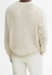 Maglione lavorato a maglia color crema con una trama texturizzata, polsini e orlo a coste, spalle scese e scollatura rotonda, visto da dietro.
