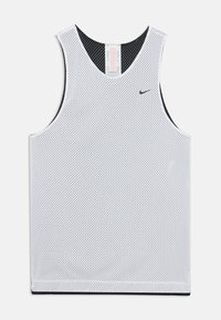 Biały siatkowy top bez rękawów z okrągłym dekoltem i czarnym podszewką. Posiada małe otwory wentylacyjne oraz czarne logo Nike z przodu.