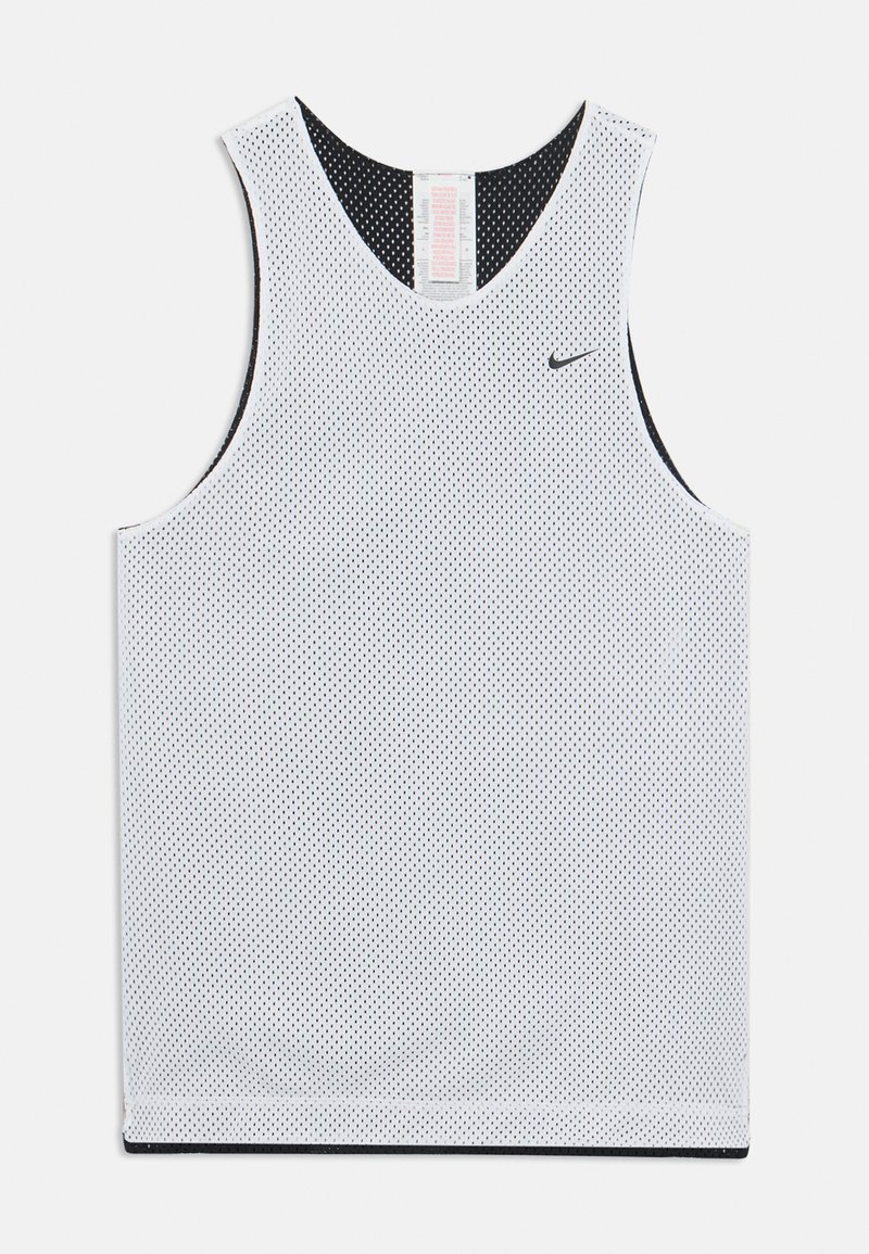 Camisola de malha branca sem mangas com um decote redondo e forro preto. Apresenta pequenos buracos de ventilação e um logo preto da Nike na frente.