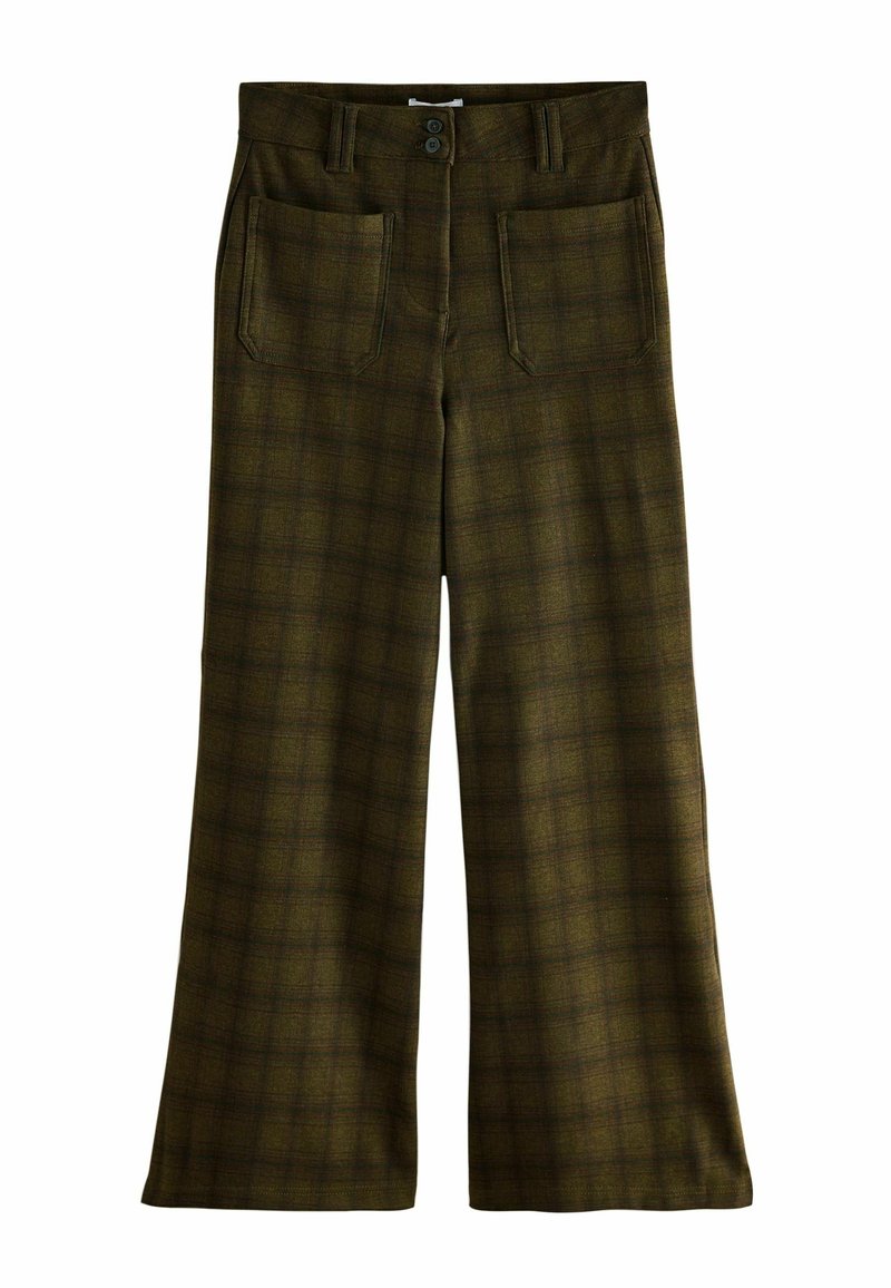 Pantalon large à carreaux marron avec taille haute et deux grandes poches plaquées devant, fermé par des boutons doubles.