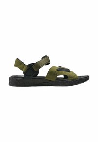 Sandală verde cu un design superior perforat, curele ajustabile și o talpă texturată neagră cu un model de profunzime.