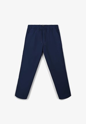 Marineblaue Jogginghosen im Stil von Joggern, aus leichtem Stoff gefertigt, mit einem elastischen Bund und Kordelzug sowie Seitentaschen.