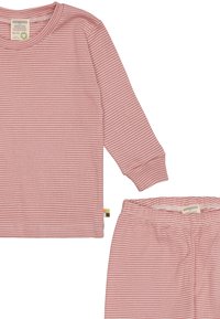 Gestreepte pyjama-set in lichtroze en wit, gemaakt van zachte stof. Lange mouwen top met ronde hals en elastische tailleband op de broek.
