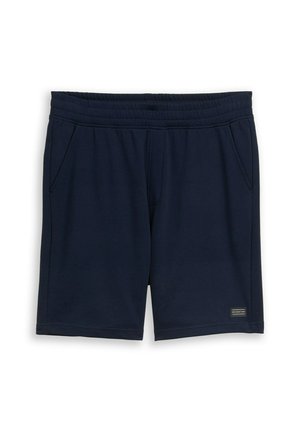 Pantalones cortos con cintura elástica azul marino, bolsillos laterales y una pequeña etiqueta negra cerca del dobladillo.