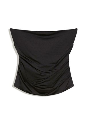 Black strapless ruched satin corset top with a straight neckline and fitted silhouette on white background.