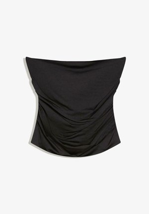 Black strapless ruched satin corset top with a straight neckline and fitted silhouette on white background.