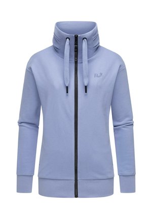 Felpa con zip di colore azzurro chiaro, con colletto alto, cordino, maniche lunghe, polsini elasticizzati e orlo a coste. Presenta un piccolo logo sul petto.