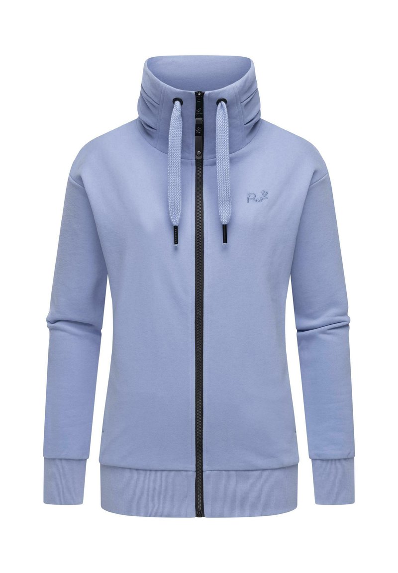 Svetlo modra zip-up dukserica z visokim ovratnikom, vrvico, dolgimi rokavi, elastičnimi manžetami in rebrastim robom. Ima majhen logotip na prsih.