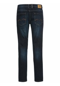 Donkerblauwe spijkerbroek met een rechte pijp, middelhoge taille en twee achterzakken met gestikte details en een leren merkpatch.