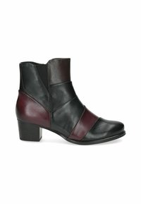 Bottine noire et bordeaux en cuir avec un talon carré, présentant un design de patchwork géométrique et une texture lisse.