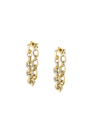 Orecchini a catena di oro con anelli circolari e decorazioni di strass trasparenti, progettati con una chiusura a scatto.