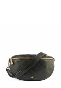 Czarna pikowana skórzana torebka na ramię z złotym zamkiem, okrągłym kształtem i pojedynczym regulowanym paskiem. Wyróżnia się małym akcentem w postaci logo.