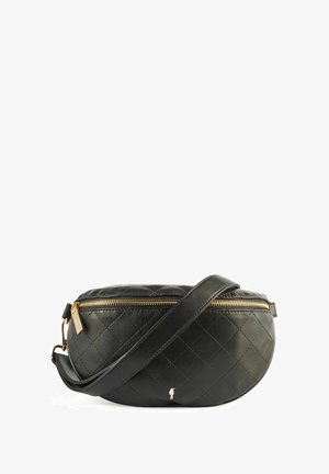 Czarna pikowana skórzana torebka na ramię z złotym zamkiem, okrągłym kształtem i pojedynczym regulowanym paskiem. Wyróżnia się małym akcentem w postaci logo.