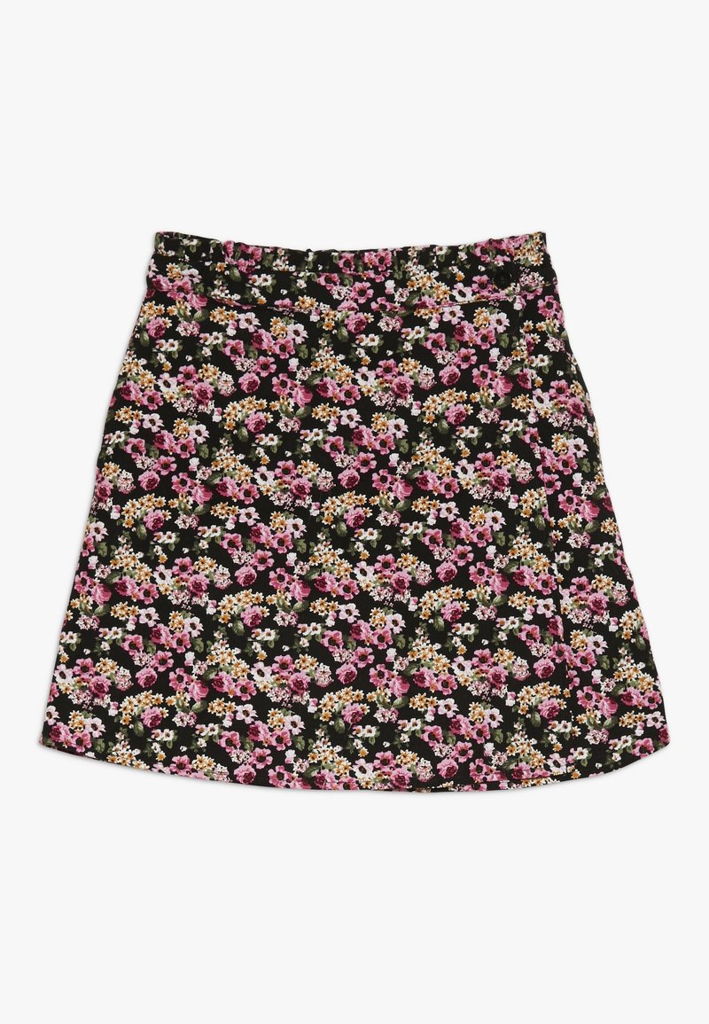 Schwarzer Floral-Rock mit einem lebhaften Muster aus pinken, weißen und gelben Blumen. Hergestellt aus einem leichten Stoff mit einem einfachen A-Linien-Schnitt.