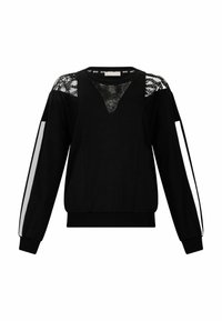 Sweatshirt noir avec un col en V et un panneau en dentelle sur les épaules. Il possède des manches longues avec des rayures blanches et un tissu doux et texturé.