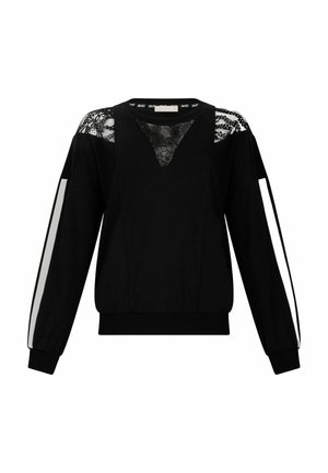 Sweatshirt noir avec un col en V et un panneau en dentelle sur les épaules. Il possède des manches longues avec des rayures blanches et un tissu doux et texturé.